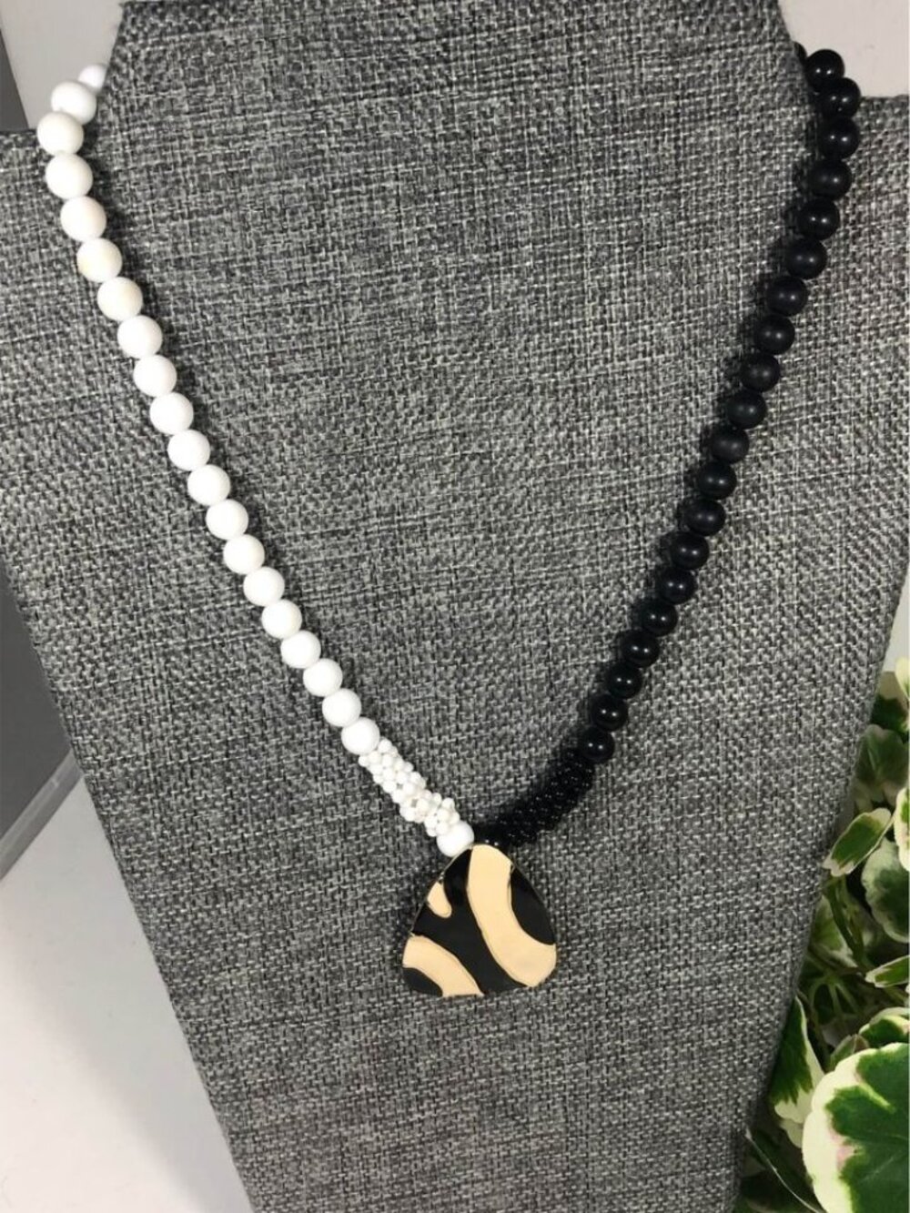 Vintage Black White Beaded Necklace Abstract Enamel Pendant Statement Jewelry